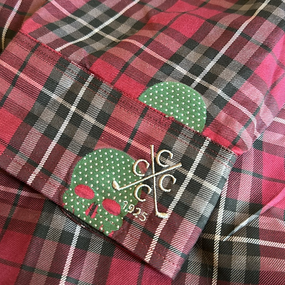 Rule 18 *NWT* Men's Bobby Jones Dark Red Tartan Plaid Skull Sport Golf Shirt